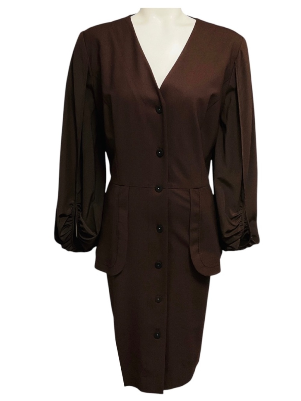 FENDI BROWN LONG SLEEVED V-NECK BUTTON FRONT MIDI SHIRTDRESS